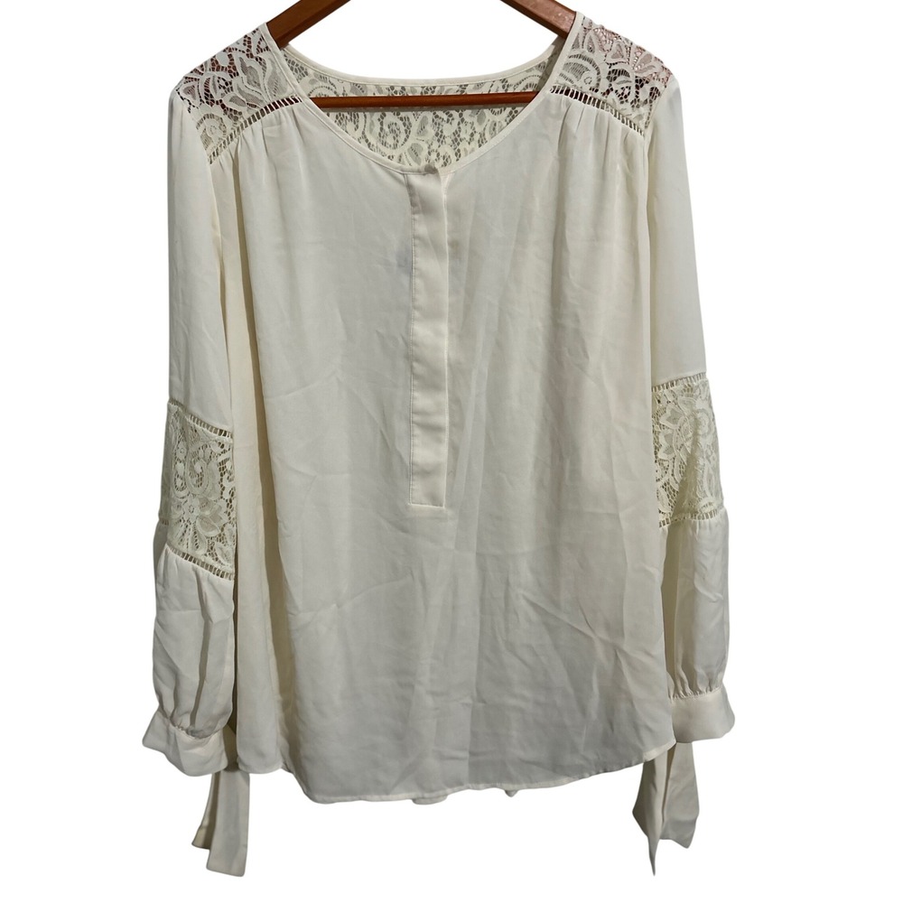 Elegant Lane Bryant Cream Lace Accented Blouse Tie Cuffs 1/2 Button Front 14/16